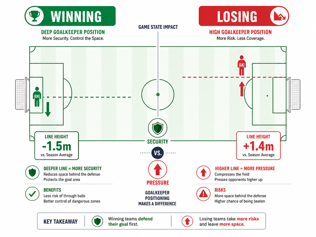 Infographic comparing goalkeeper positioning when winning versus losing a match.