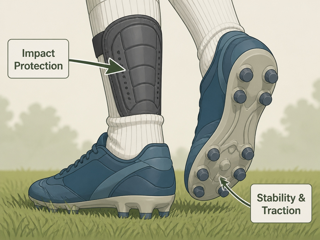 Cartoon illustration of proper football cleats and shin guards preventing common injuries.