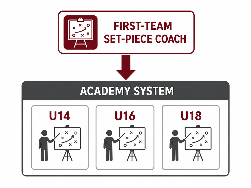 Diagram of set-piece coaching philosophy filtering down from first team to youth academy.