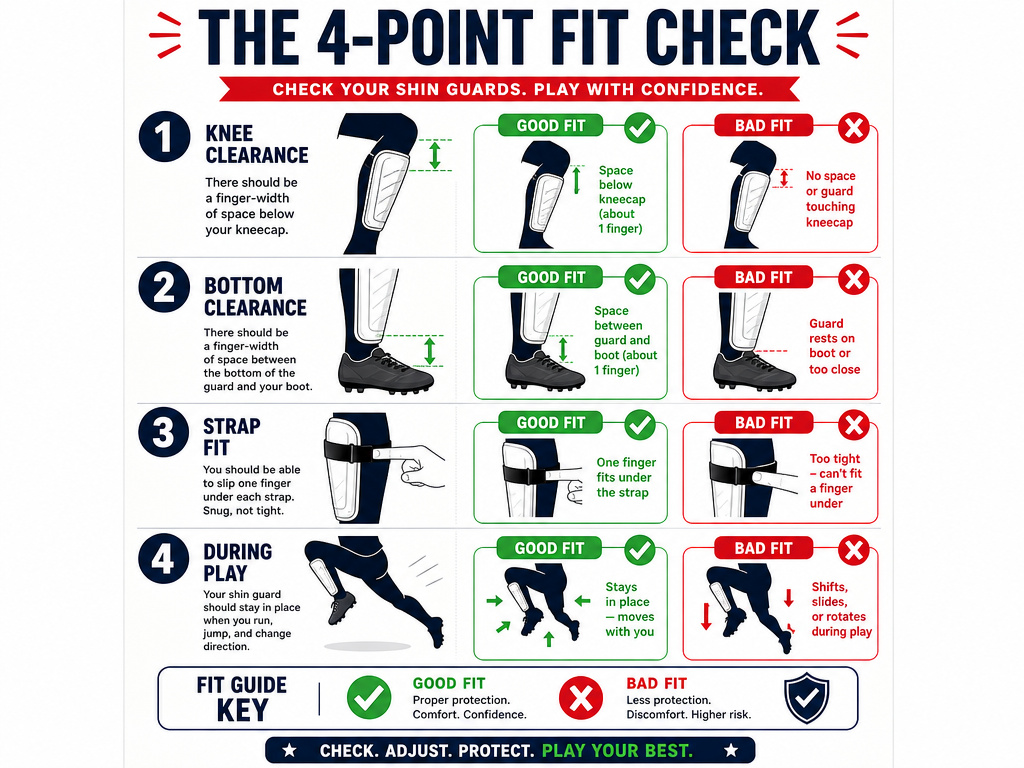Infographic showing four key checks for proper football shin guard fit.