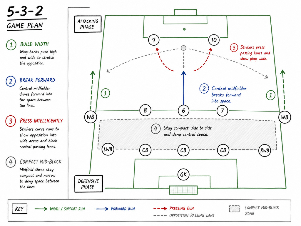Tactical diagram showing 5-3-2 formation attacking and defensive principles.
