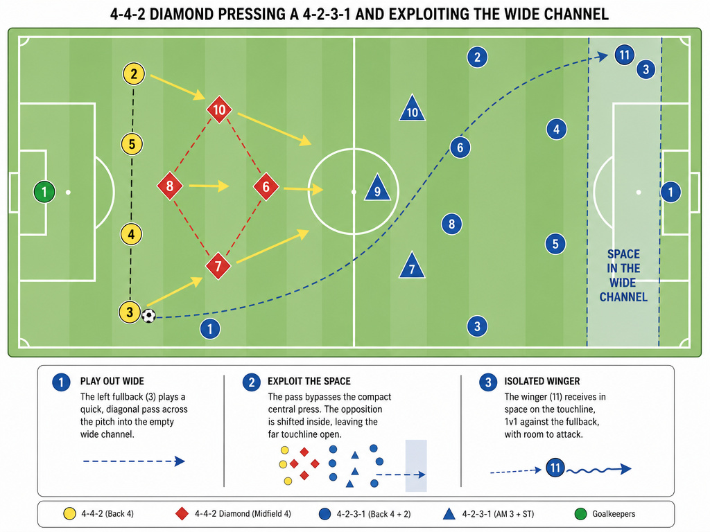 Diagram showing tactical overloads and transitions to beat a 4-2-3-1 formation.
