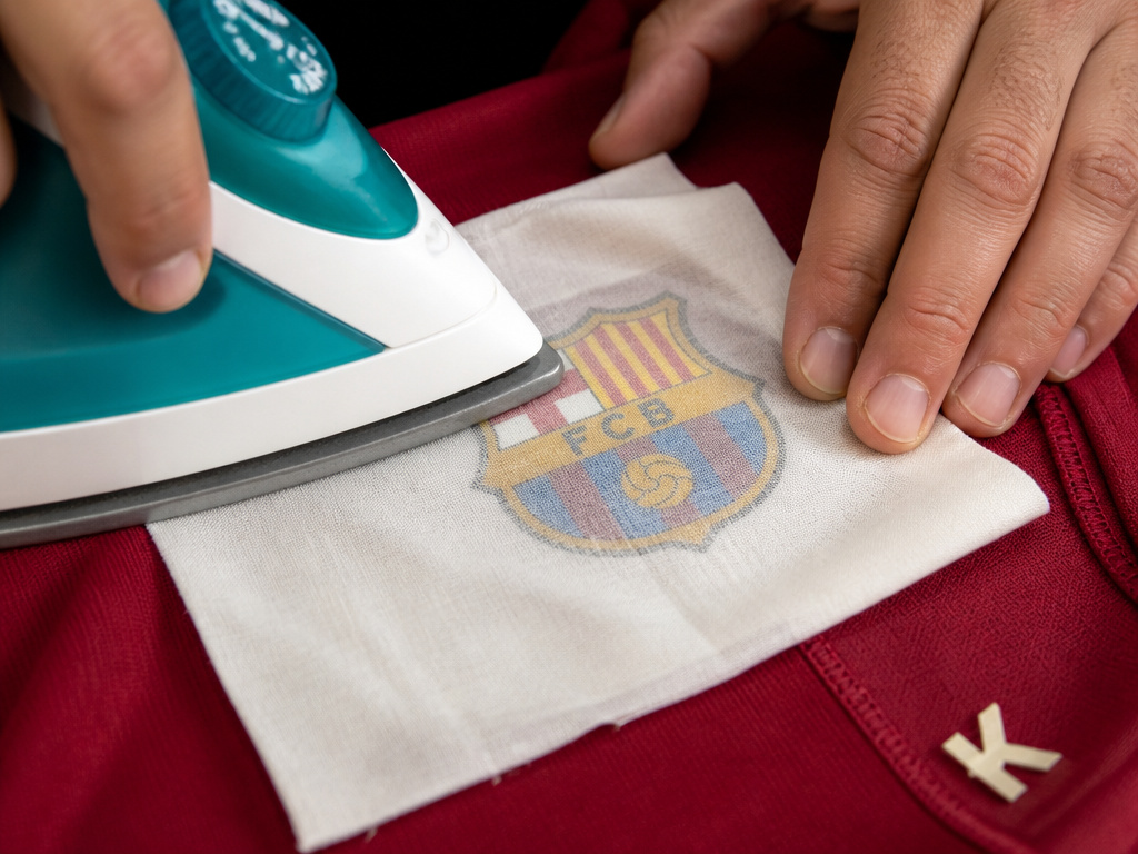 Properly ironing a football shirt inside out with a protective cloth.
