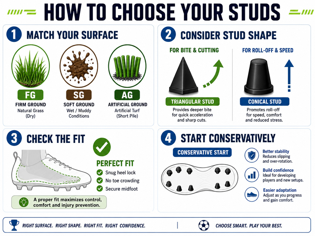 Infographic flowchart for choosing football boot studs based on surface and role.