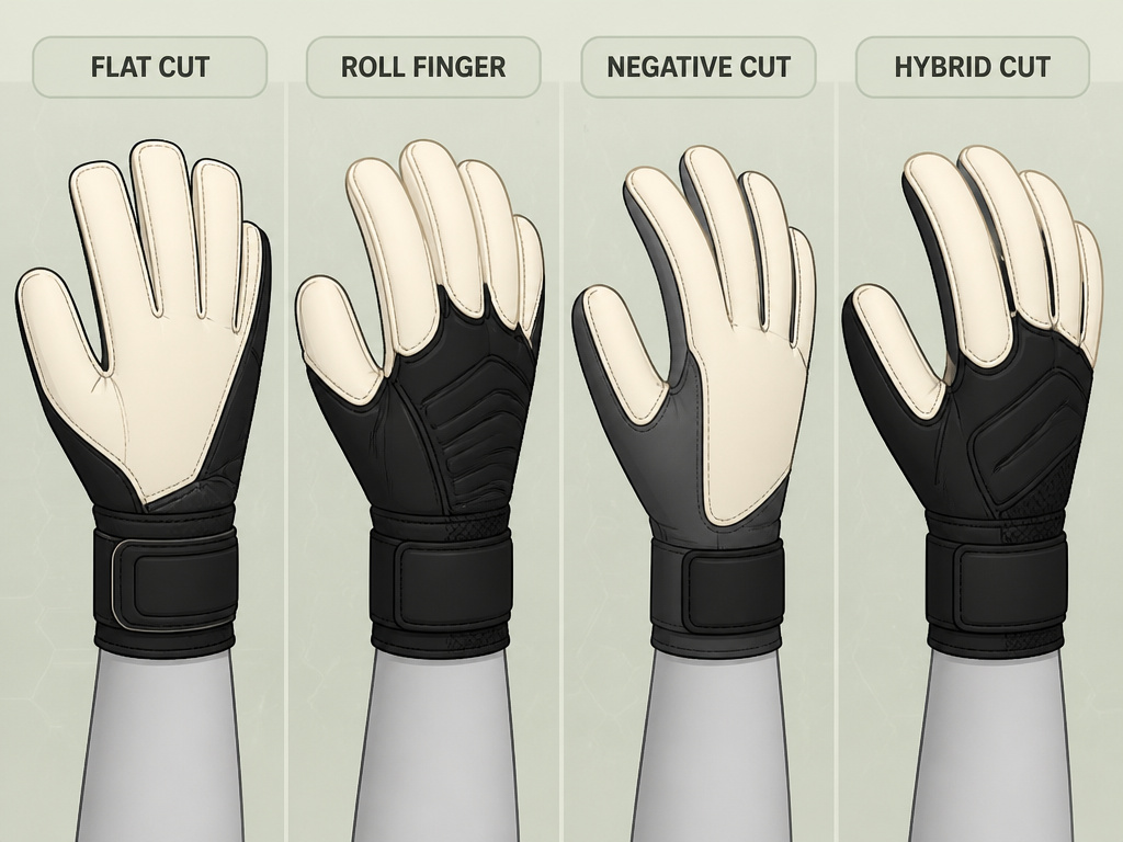 Four different goalkeeper glove cuts - flat, roll finger, negative, and hybrid - compared visually.