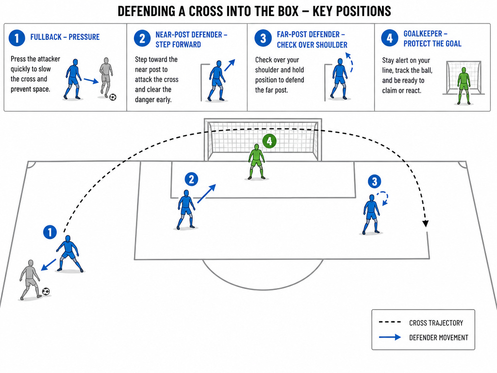 Football defensive positioning diagram against an incoming cross into the box.
