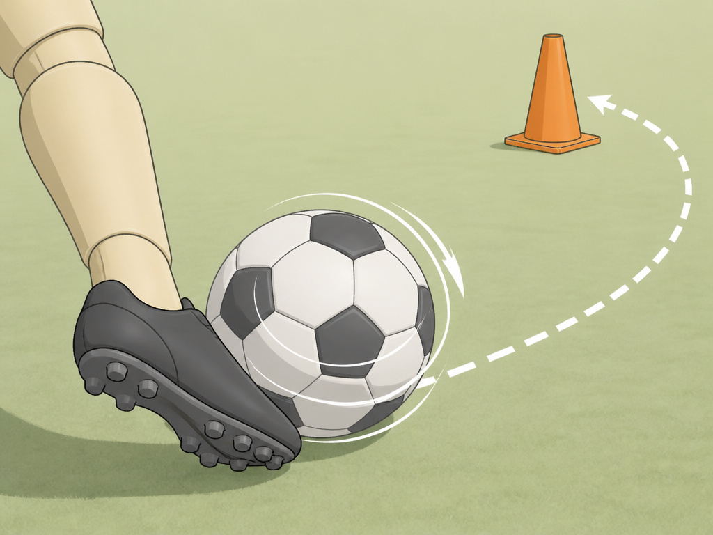 Soccer player practicing a curved shot around a cone, close-up on foot contact.