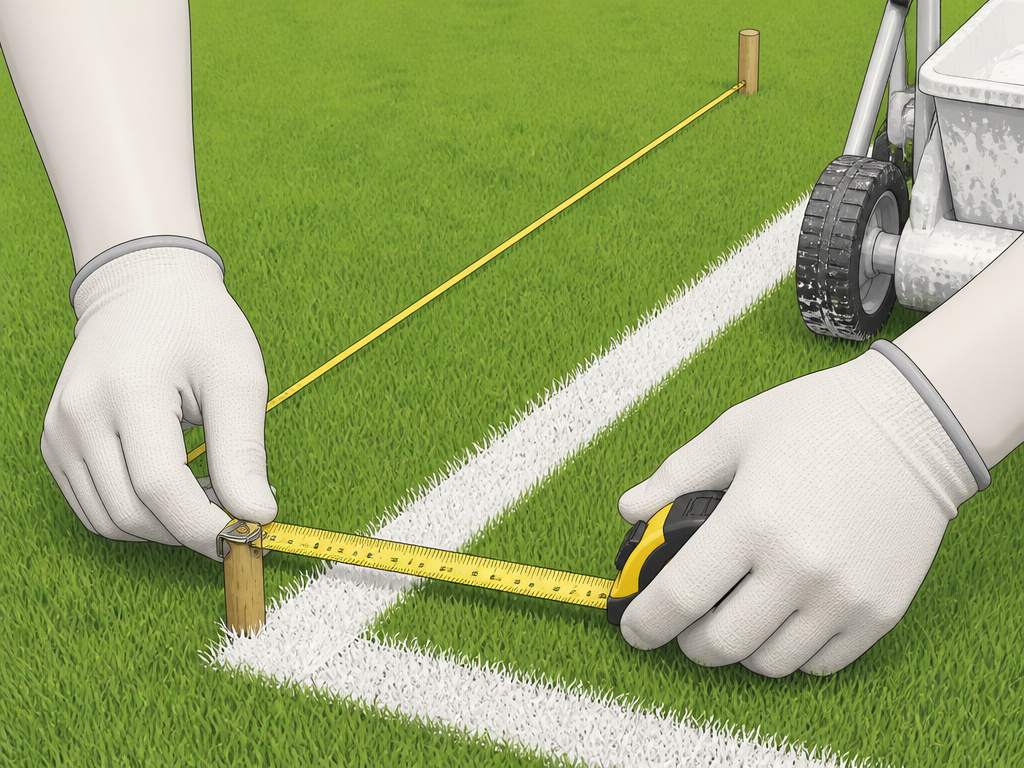 Hands measuring football pitch diagonals with tape and pegs before marking lines