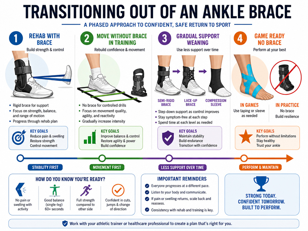 Four-phase infographic for safely weaning off a football ankle brace.