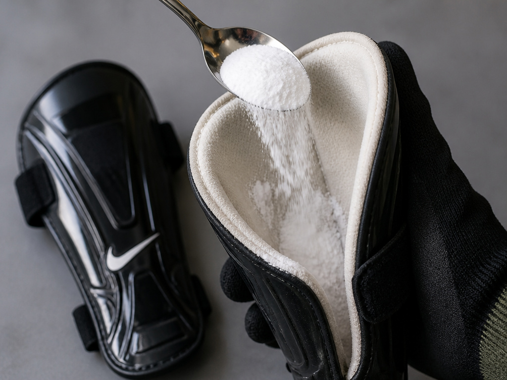 Sprinkling baking soda into a soccer shin guard to deodorize it.