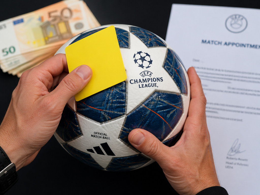 UEFA Champions League referee holding match ball and card for high-paying fixture.