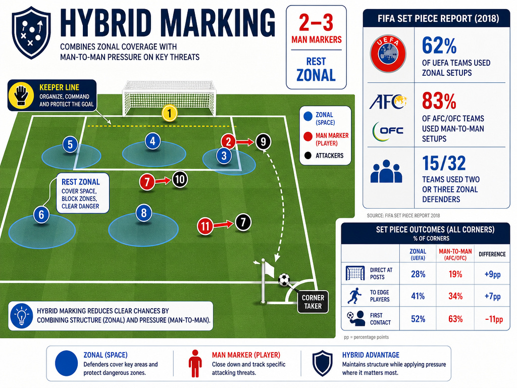 Hybrid corner marking infographic showing zonal defenders and man markers