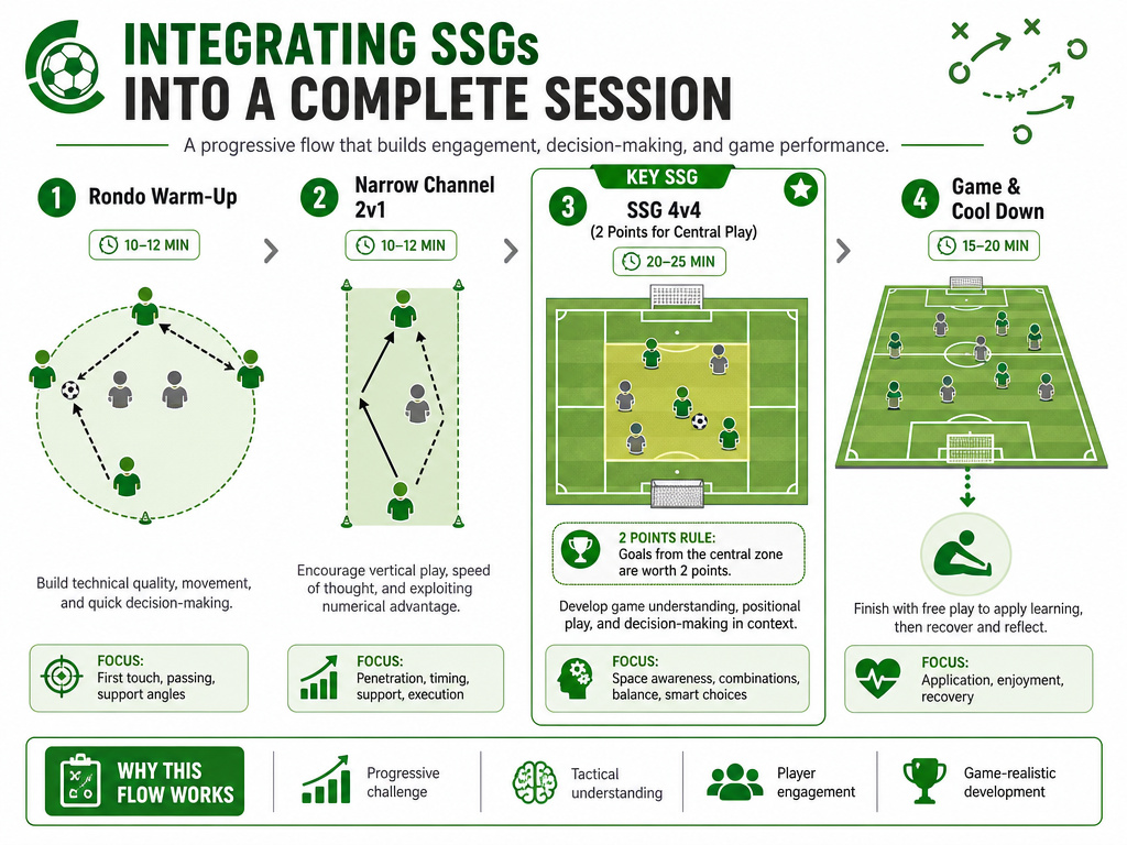 Infographic showing a structured football training session with small-sided games.