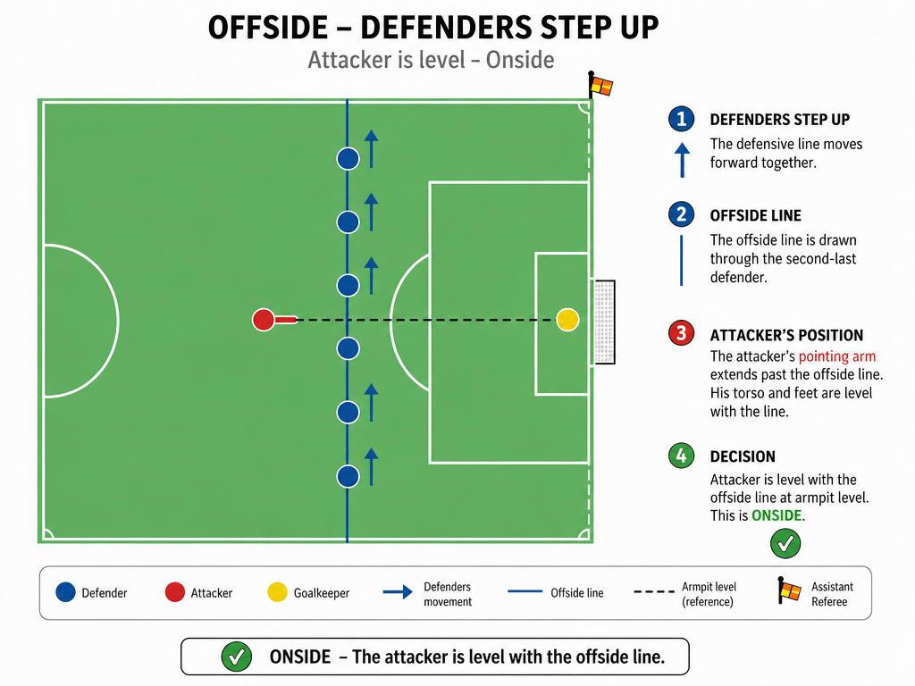 Diagram showing offside line set by second-last defender and attacker's arm ignored
