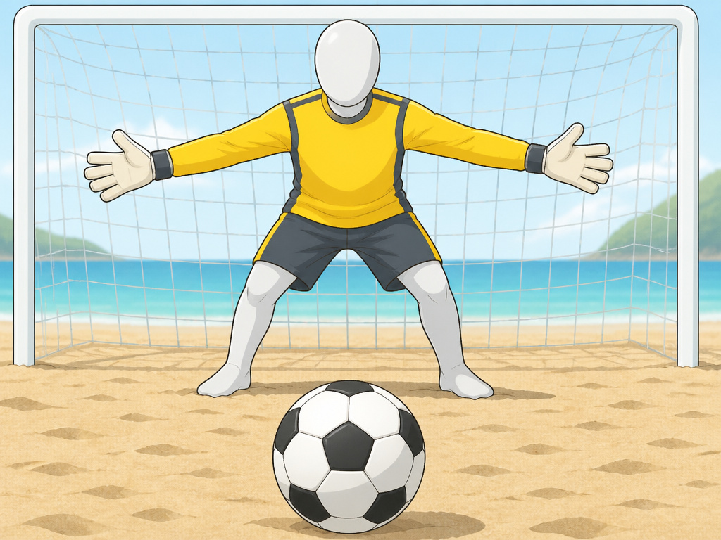 Beach soccer rule showing a free kick with no defensive wall, only a goalkeeper.