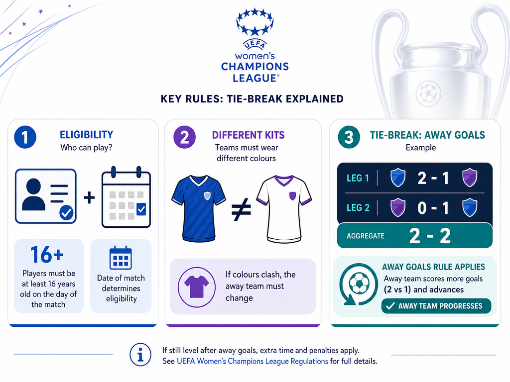 Key rules infographic for UWCL player eligibility and match procedures.