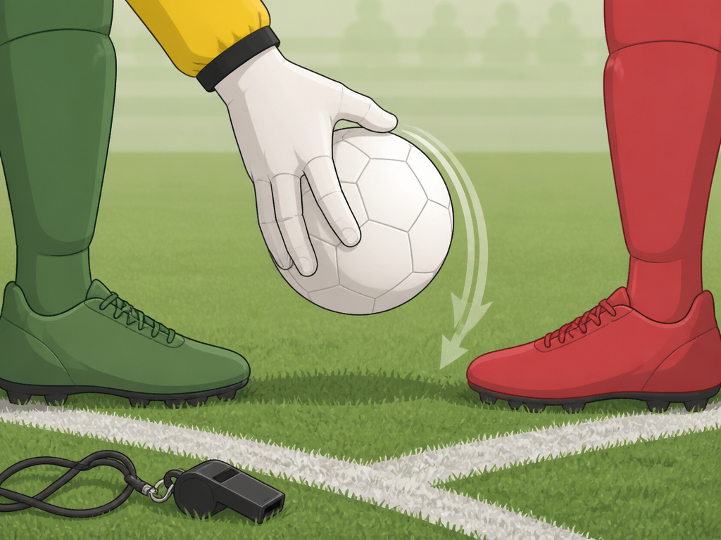 Referee's hand dropping football between two players for a dropped ball restart