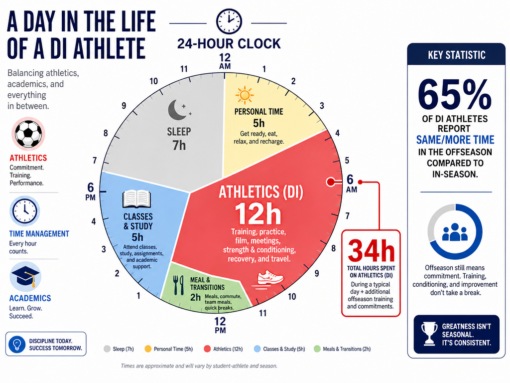 Weekly time commitment infographic for a college soccer student-athlete in the USA.