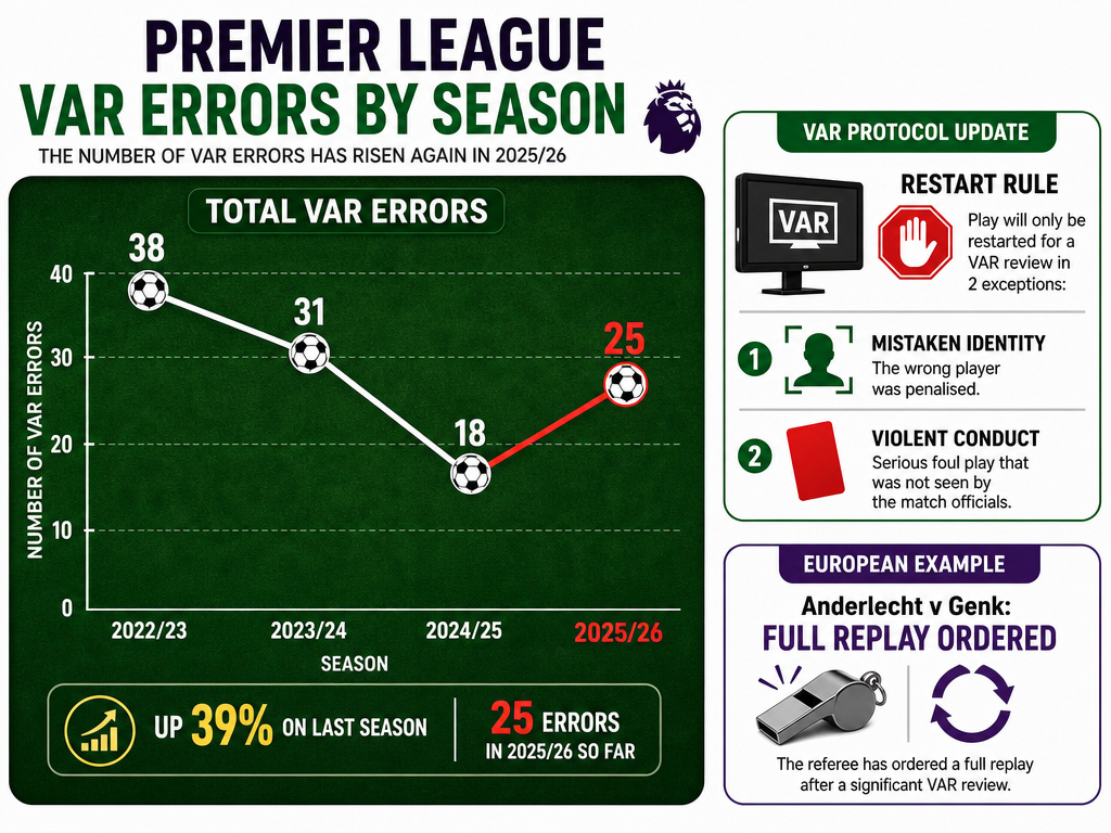 Chart of Premier League VAR errors by season with restart rule exceptions