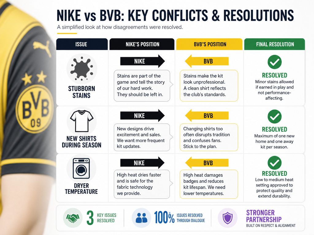 Infographic comparing conflicting football shirt washing advice from brands.