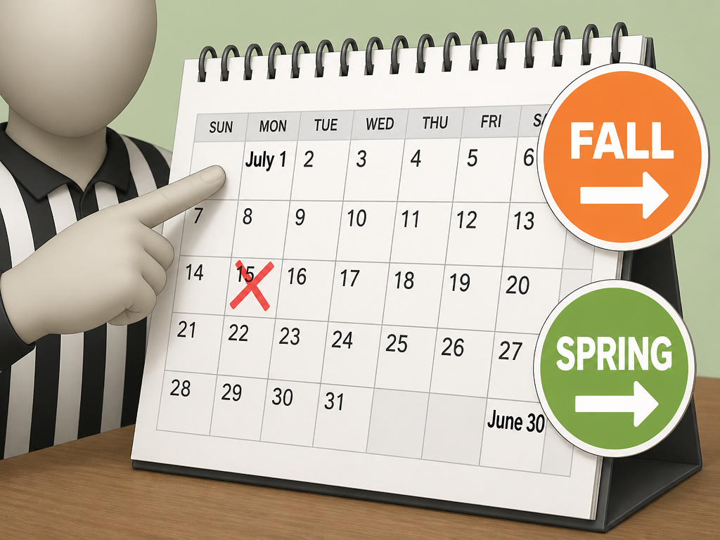 Cartoon calendar and referee badges explaining state certification deadlines and expiry dates.