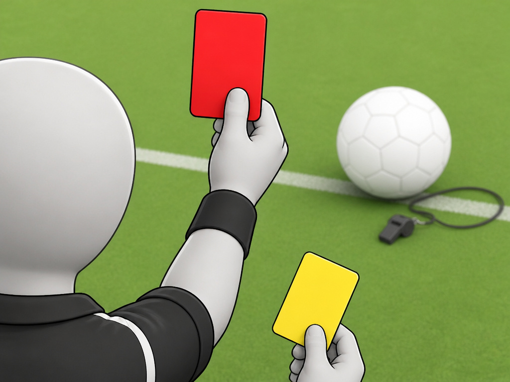 Referee hand raising red card with yellow card on football pitch
