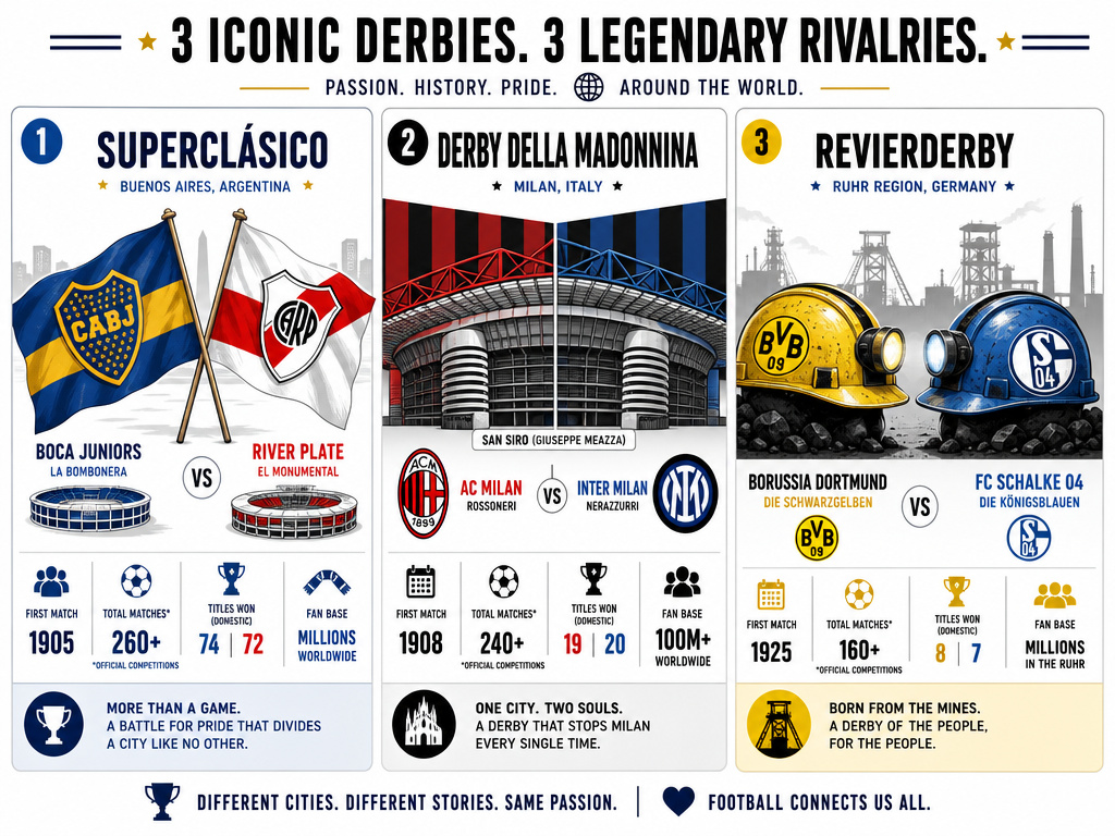 Infographic comparing three major global football rivalries: Superclásico, Milan derby, and Revierderby.