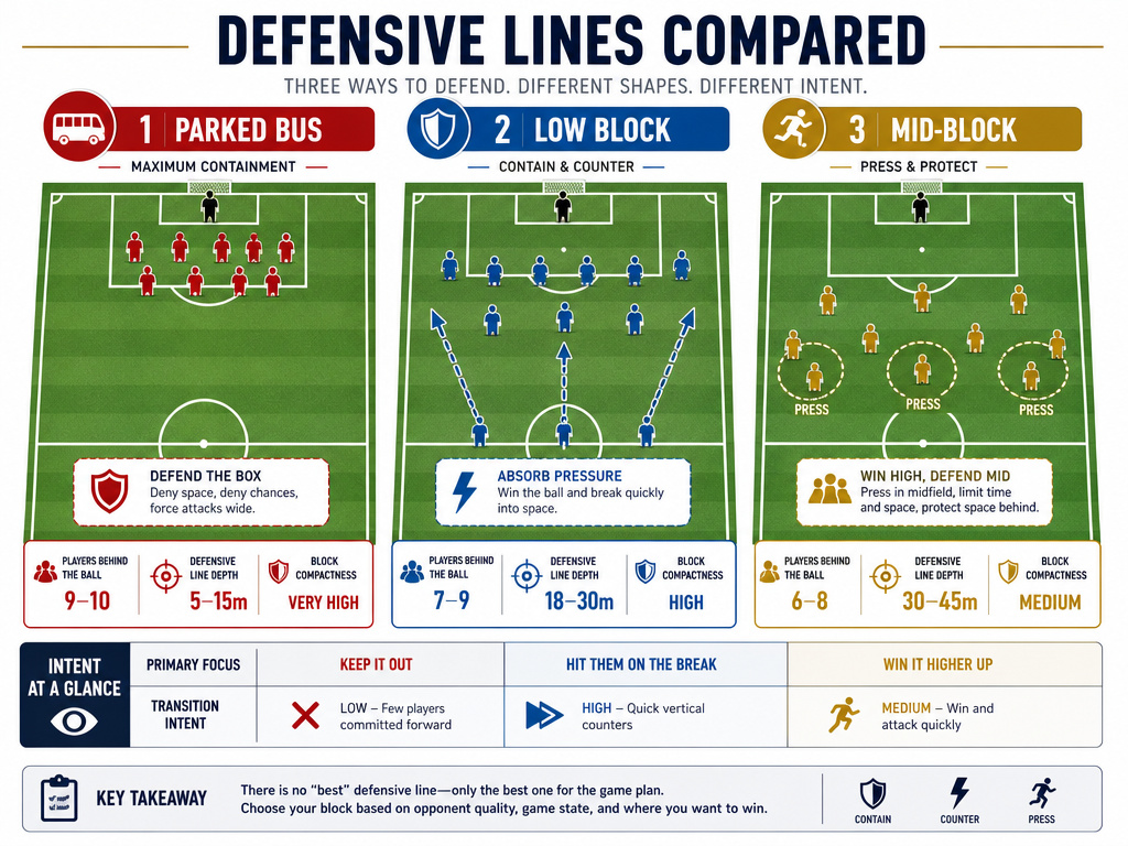 Parking bus versus low block versus mid block football infographic