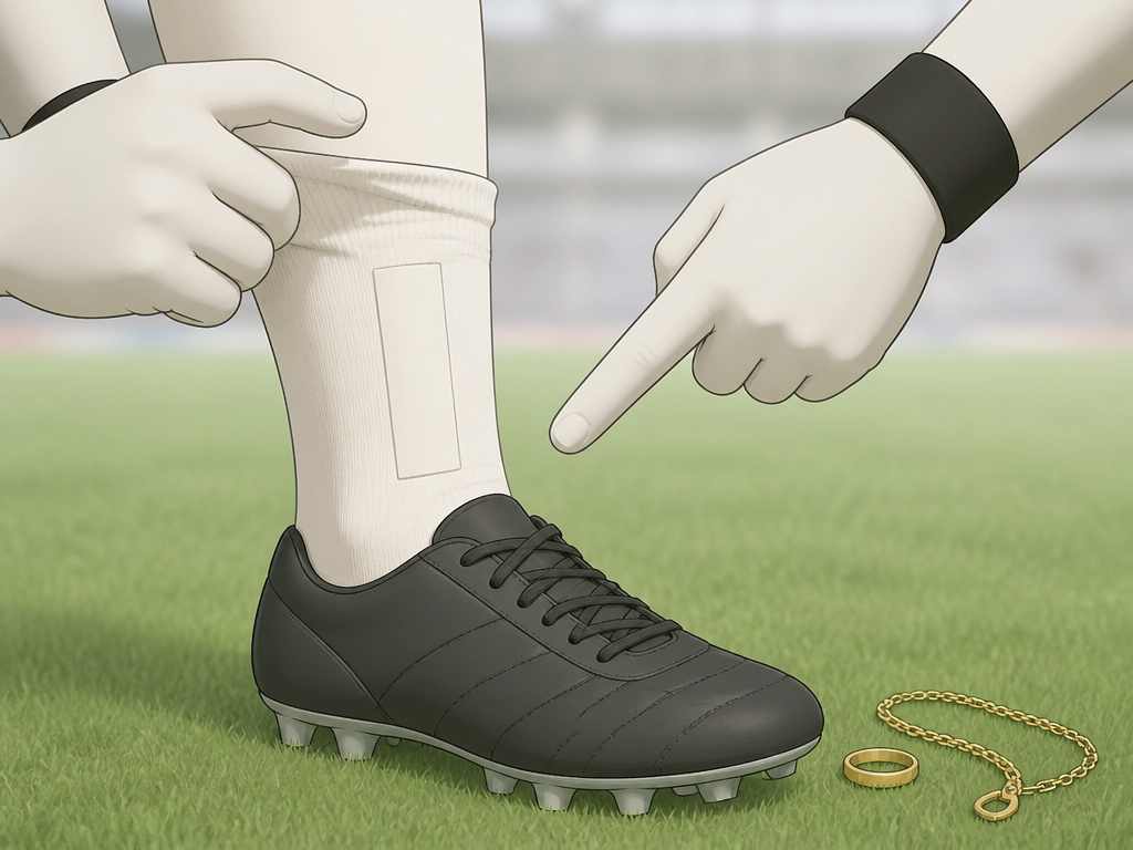 Referee checking player's sock tape and footwear for safety compliance.