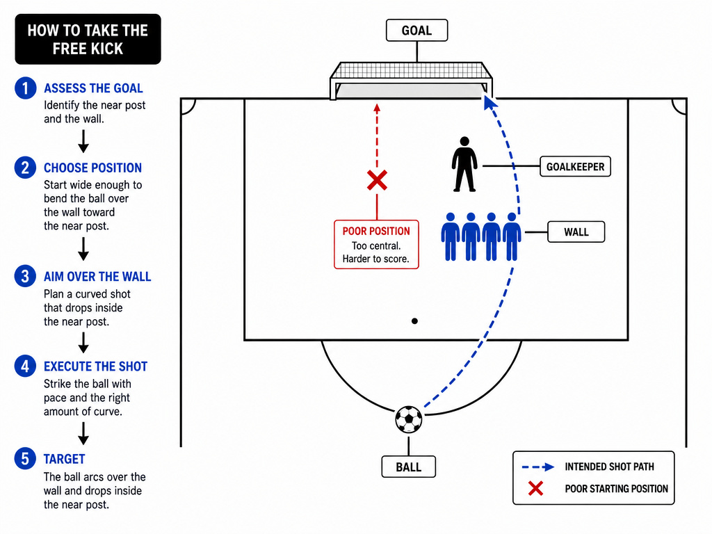 Goalkeeper positioning diagram for defending a direct free-kick near the box.