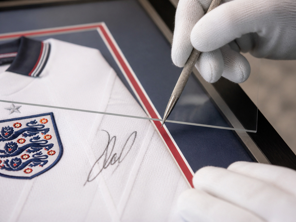 Close-up of framing a signed football jersey with UV-protective glazing.