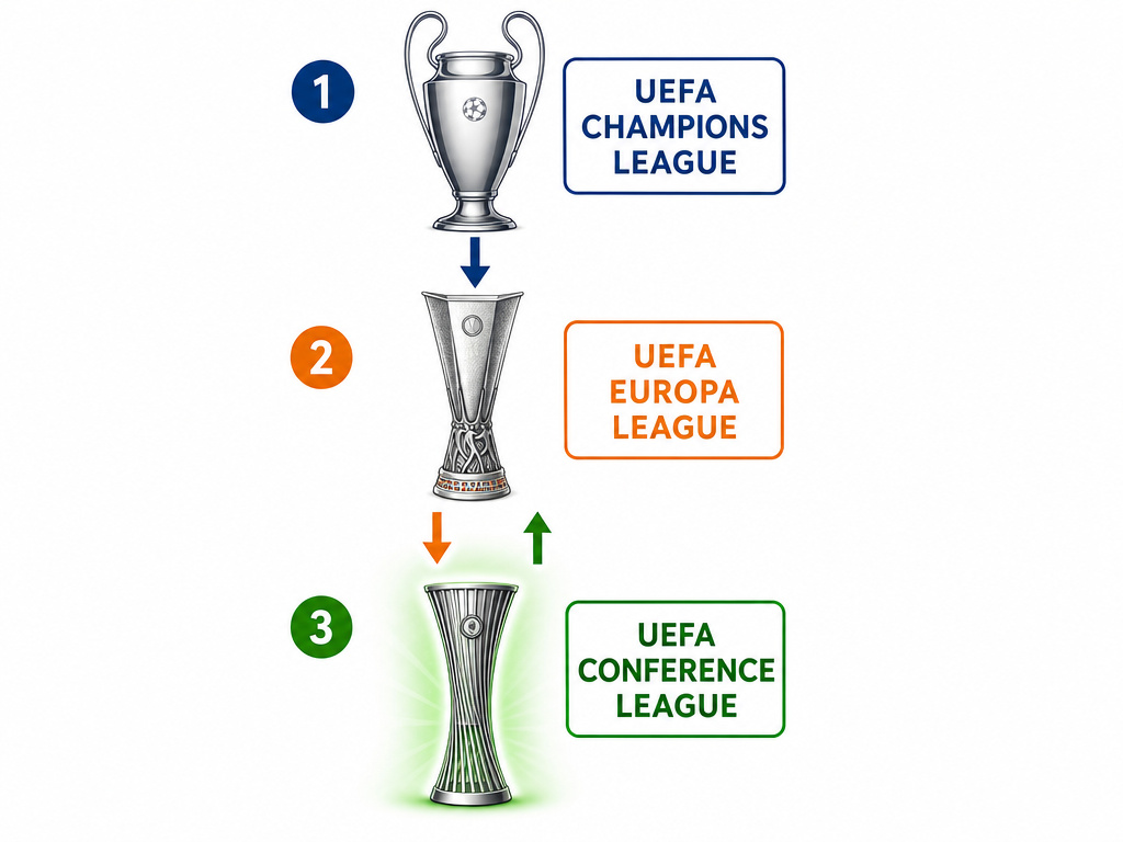 Diagram of UEFA Conference League as third tier with promotion and relegation between competitions.