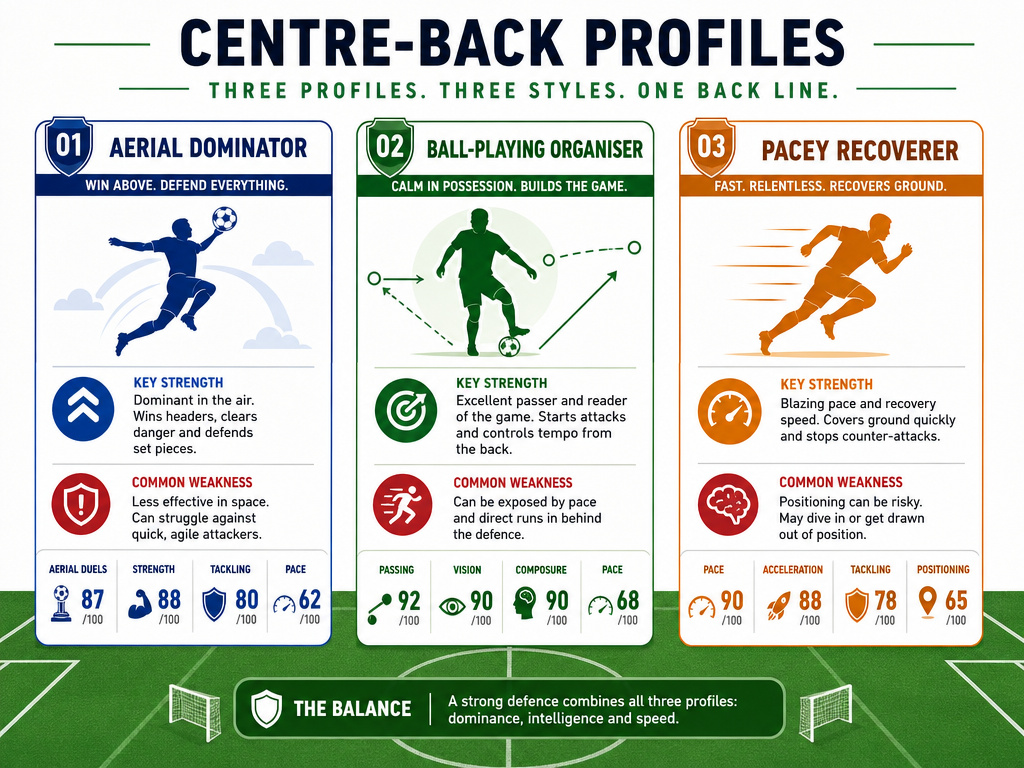 Infographic comparing three football centre-back profiles: aerial dominator, ball-playing organiser, pacey recoverer.