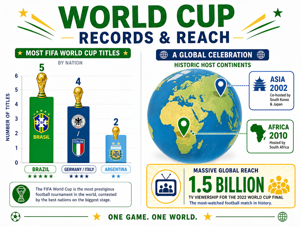 Infographic of FIFA World Cup champion nations, historic hosts, and global viewership records.