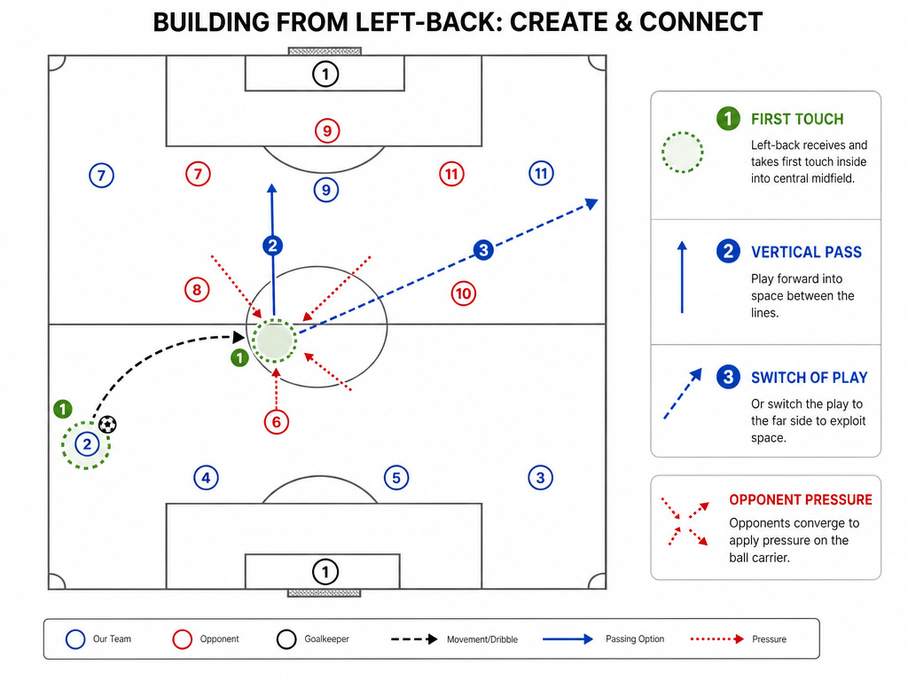 Diagram of an inverted full-back's movement and passing lanes from defense to midfield.