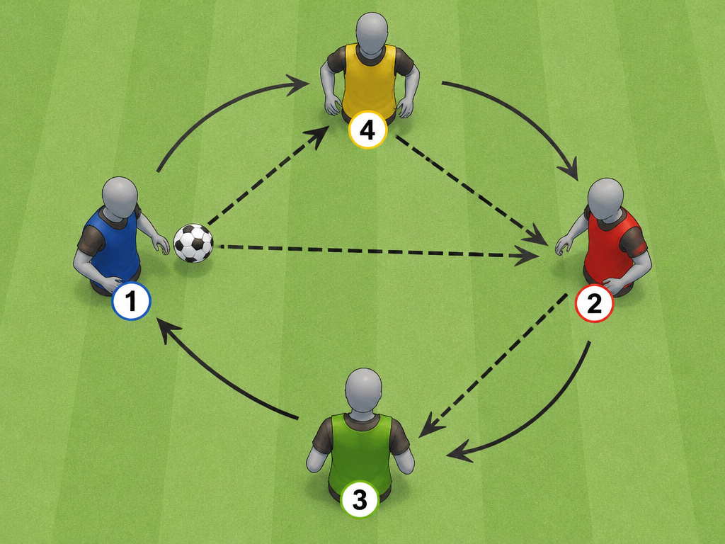 Diagram of a structured football passing drill with player rotation for small groups.