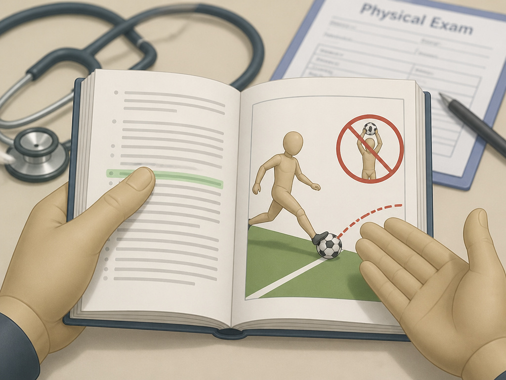 Youth football coach reviewing adapted rules and safety certifications handbook.
