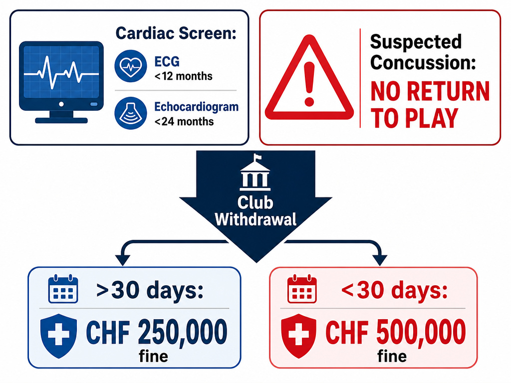 FIFA Club World Cup rules infographic on medical protocols and withdrawal fines.