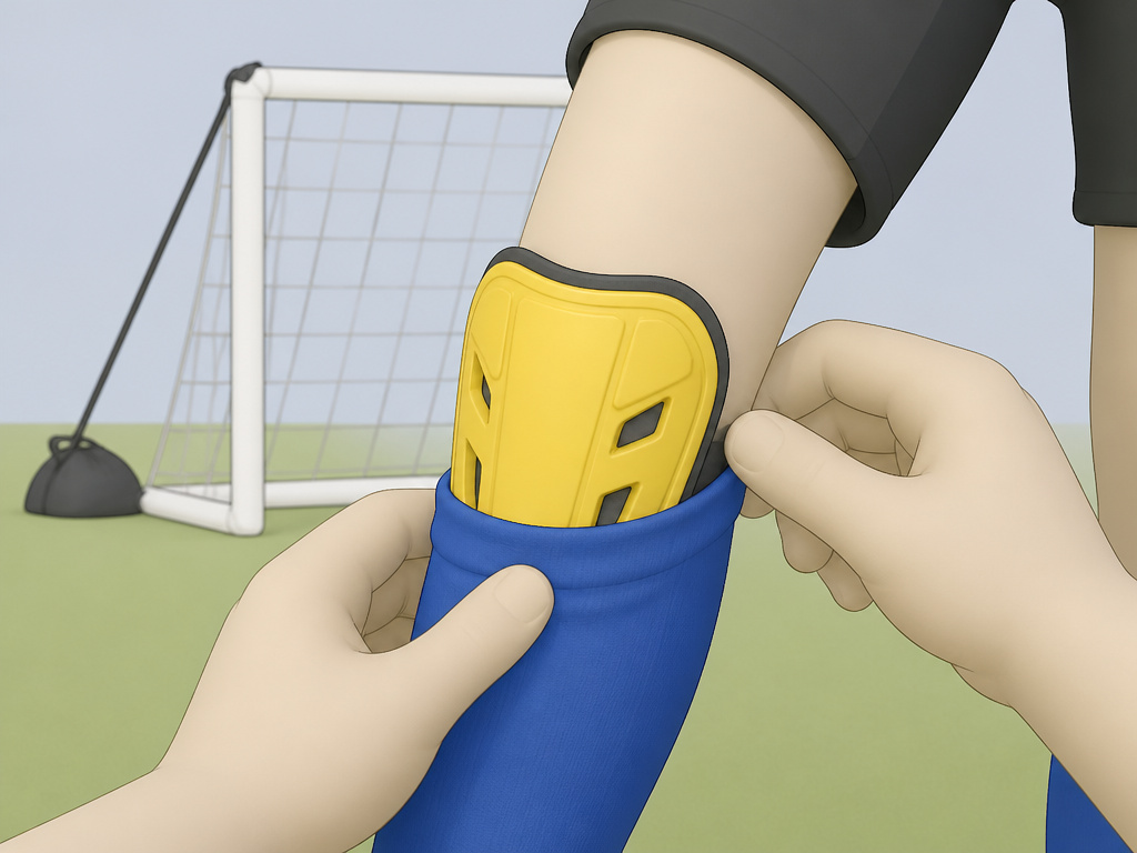Child's leg with shin guard being secured for small-sided football safety.