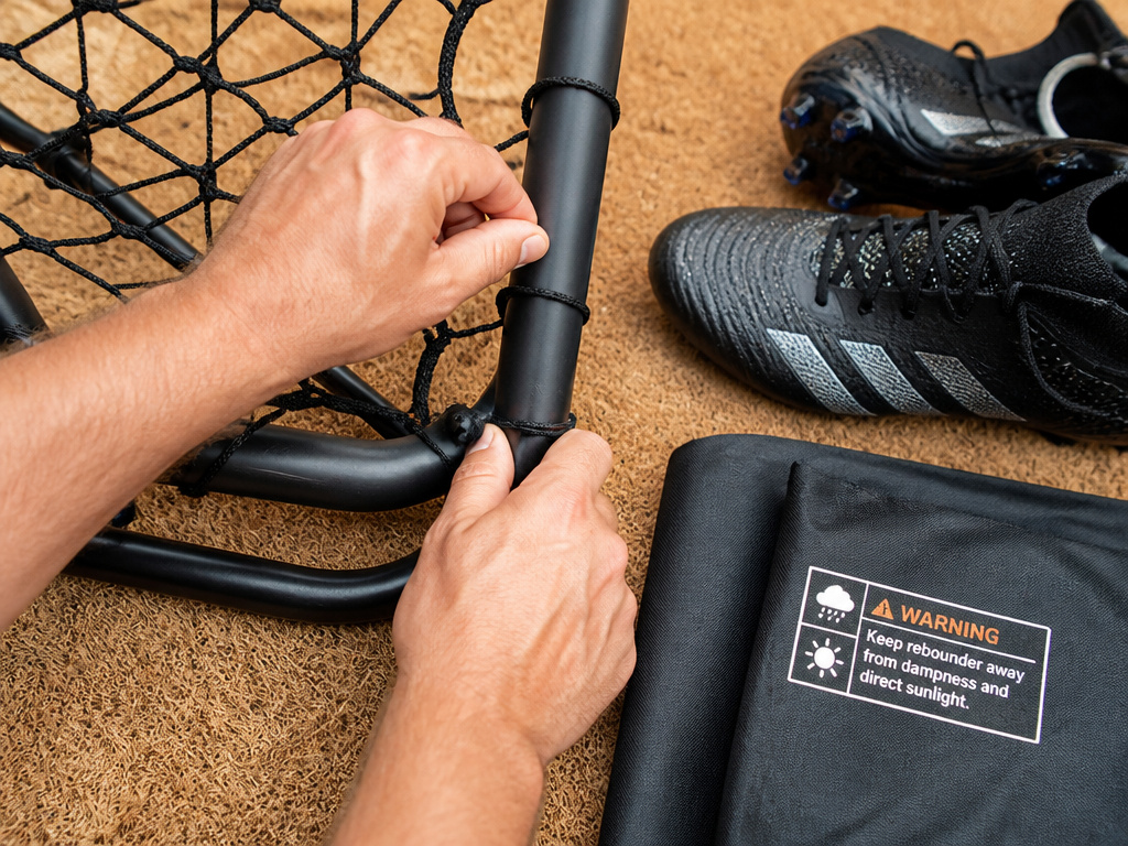 football rebounder net storage and boot safety close-up