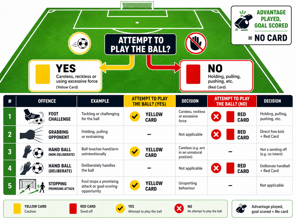 Infographic showing when football fouls in the penalty area earn yellow or red cards