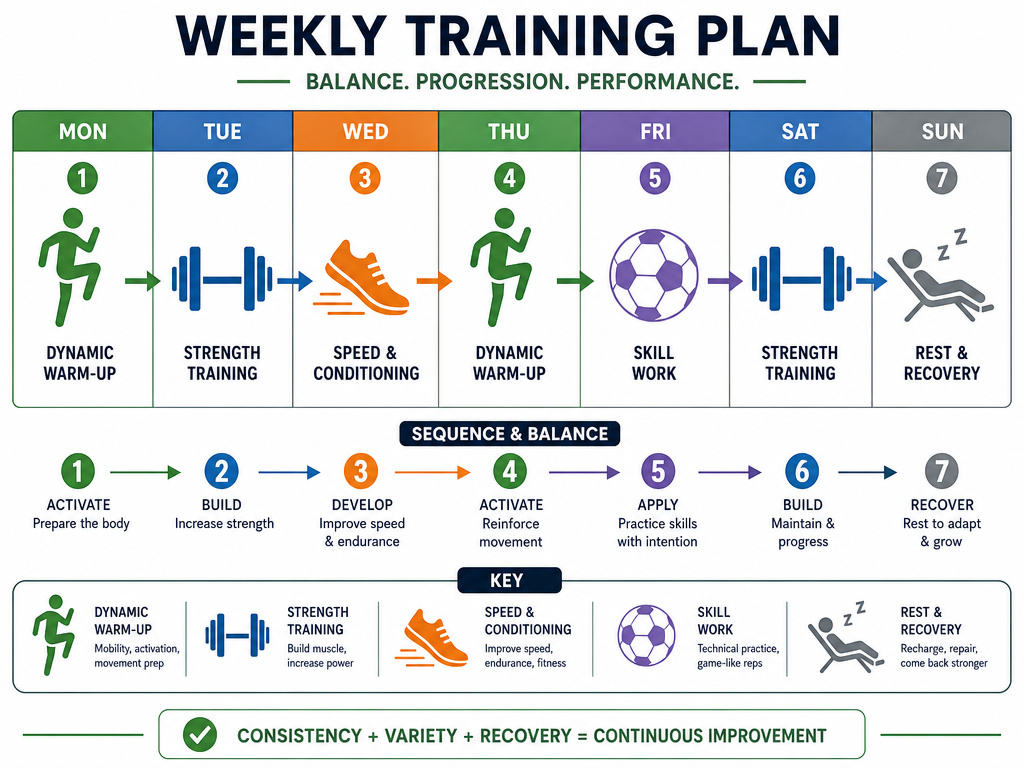 Weekly football training schedule diagram balancing strength, endurance, and recovery.