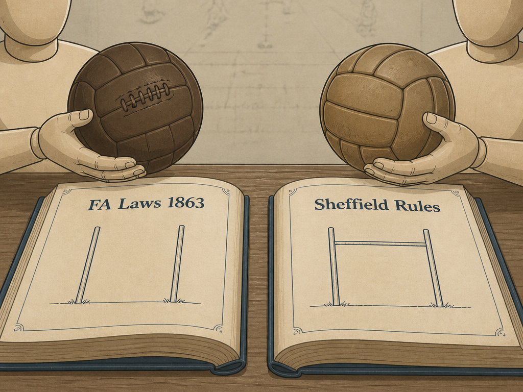 Historical comparison of 1860s FA and Sheffield football rulebooks and balls.
