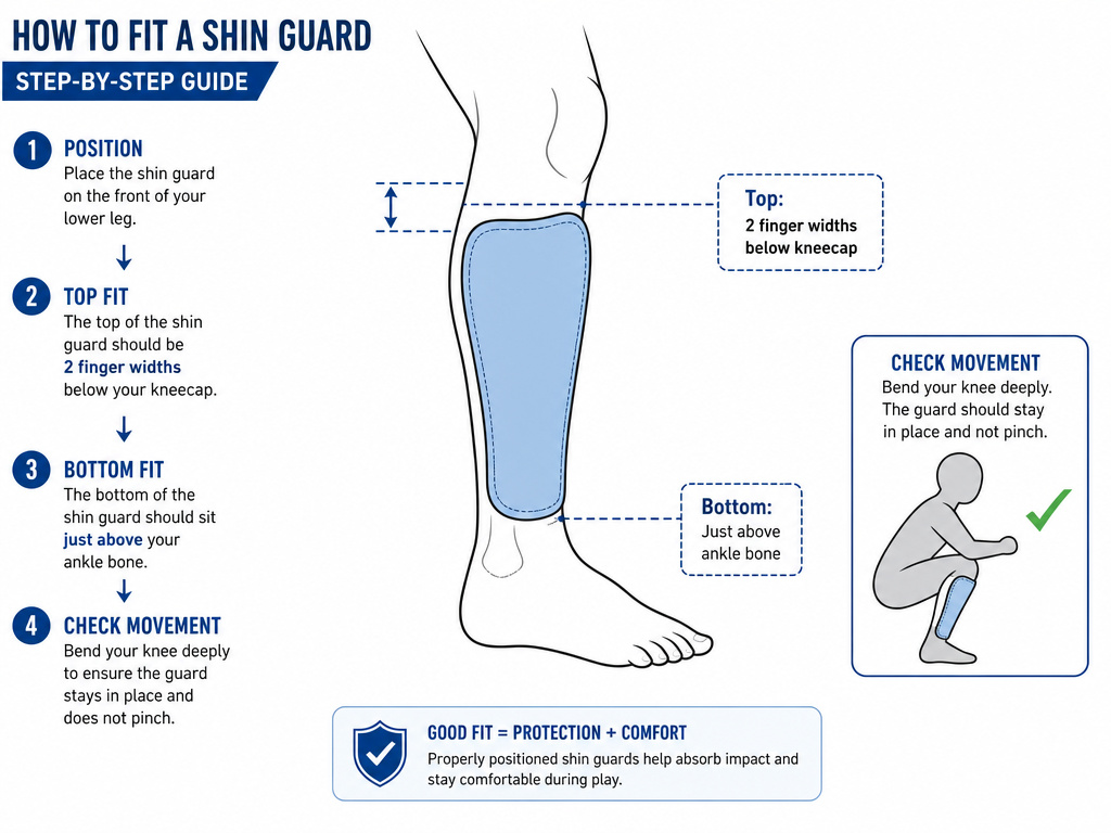 Diagram showing correct shin guard placement and fit points on a leg.