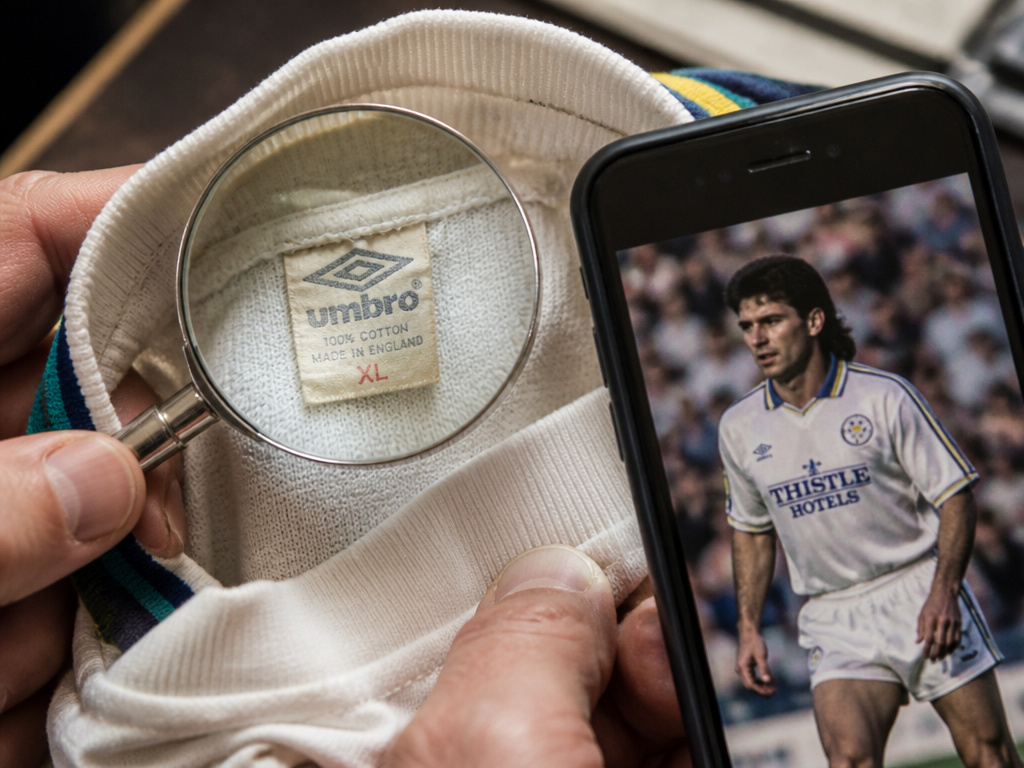 Close-up verification of a vintage football shirt label with a magnifying glass.