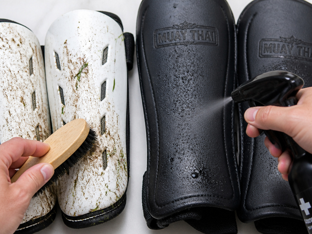 Cleaning different types of shin guards for soccer and MMA sports.