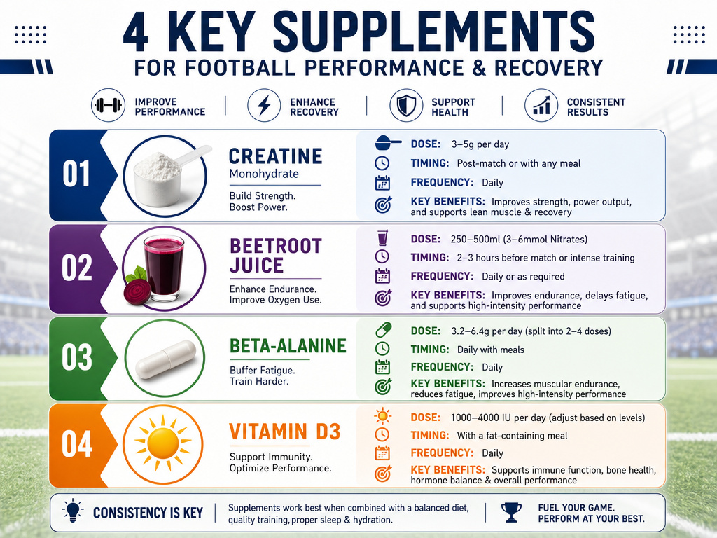 Infographic comparing football supplements creatine, beetroot juice, beta-alanine, and Vitamin D3.