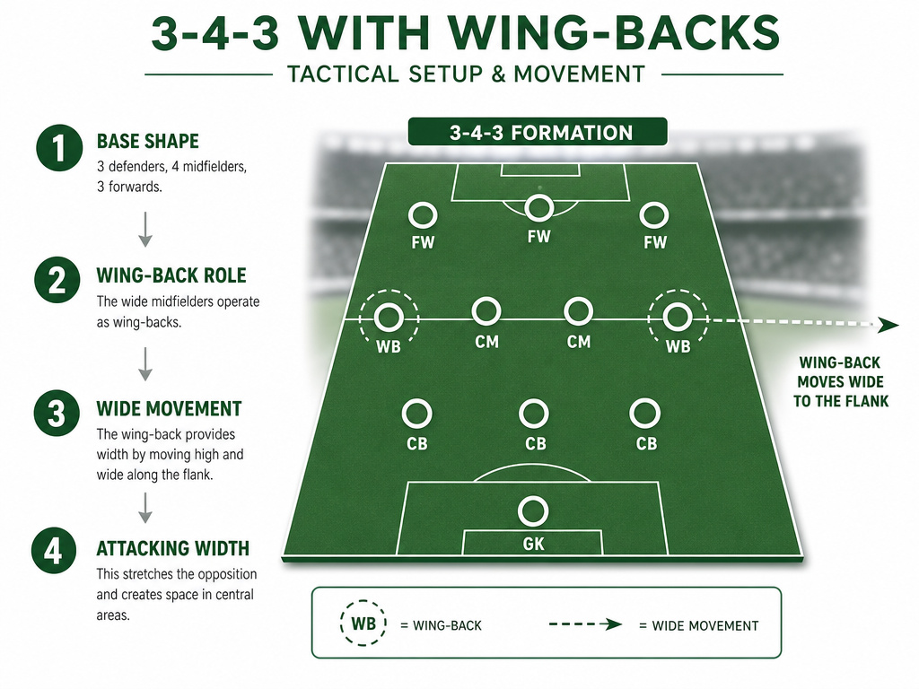 Tactical diagram of a 3-4-3 formation highlighting wing-back positions