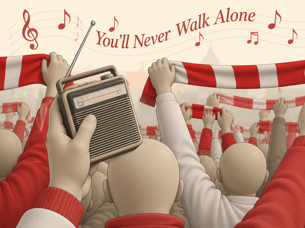 1960s football terrace with singing crowd and radio, depicting chant history origins.