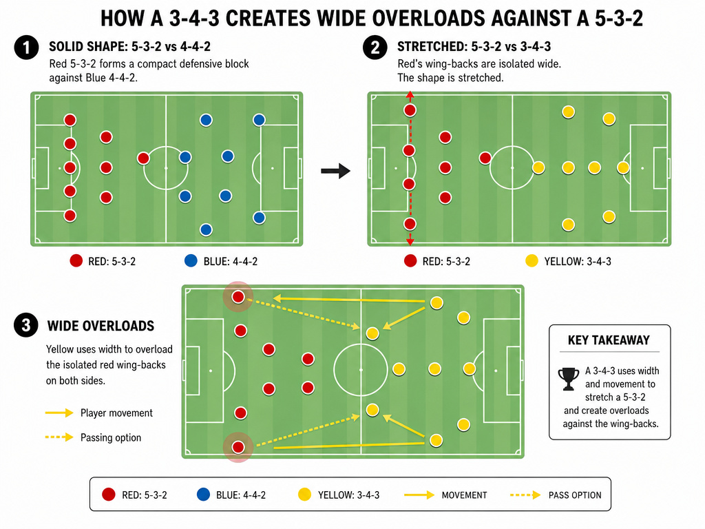 Diagram comparing 5-3-2 formation against 4-4-2 and 3-4-3 tactical setups.